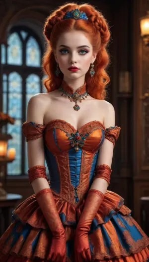 masterpiece, best quality, dark background, 1girl, solo, looking at viewer, long hair, ponytail, blue eyes, orange hair, very long hair, brown hair, magical girl, (style Michael Cheval:1.5), saturated, colors, leather, halter, ball, gown, knee, length, short, elbow, gloves, full, body, shot, <lora:tbh129-sdxl:1.5>, <lora:saturated_colors:1.7>, <lora:Samaritan 3d Cartoon SDXL:.1>