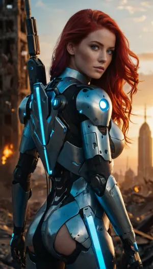 Render an 8K anime-style image of a 29-year-old woman, 1.70 m tall, with long, bright red hair and subtle electric blue highlights. Her deep ocean-blue eyes radiate confidence. She has a balanced, athletic build with a natural bust and slightly wider hips, without any exaggerated proportions. She is wearing a sleek, form-fitting futuristic military suit with metallic armor plates and glowing blue accents. A high-tech rifle is strapped to her back. She is standing confidently, one foot placed on the destroyed remains of a robot she has just defeated. The war-torn, futuristic city around her is bathed in the dim light of a dystopian sunset, enhancing the sense of victory and resilience