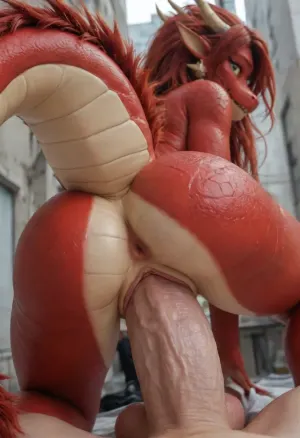 masterpiece, best quality, highly detailed, 4k, (1 man and 1 woman with anthro dragon skin:2), (anime style:2), long hair, red hair undercut, doggy style, (Giant cock is bigger than himself), Giant cock fucks her pussy, (Giant cock is half in the pussy:1.5)