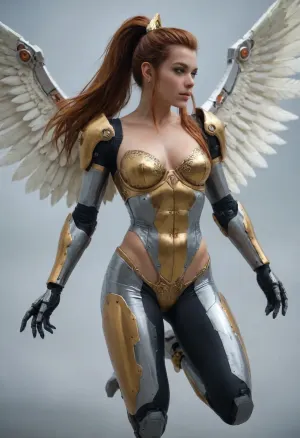 masterpiece, best quality, highly detailed, 4k, sexy Brigitte Lindholm, long hair, red hair, ponytail, flying, (golden armor corset), (gigantic golden angel wings), (silver cyborg armor tights), (Cyborg body), (blue glowing eyes), (golden Cyborg small breasts:1.1), (golden armor bra), Shiny skin, Cyborg armor highleg panties, Cyborg armor thighhighs, Cyborg Claws, Cyborg bridal gauntlets, <lora:cyborg_style_xl-alpha:1>, <lora:ThePitXL:1>