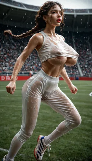 best quality, very realistic, photo realistic, rainy das, detailed face, (subtle make-up), (red full lips), (dark long curly hair, ((braided pigtail))), detailed body, detailed tits, young thin girl, (tall, slim sporty), long legs, big ass, (gigantic natural saggy tits:1.2), (hairy pussy), (camel toe), strained face, (sweating, drops of sweat, washed out make-up), sweaty skin, wearing sneakers, white sports socks, short white sports pants, wet, (almost transparent), yellow active sports shirt, jogging in the stadium, (detailed background), (tits jumping back and forth, up and down), different views of bouncing tits, (total bouncing Up, tits bouncing down, tits bounce back and forth), (wet hair)