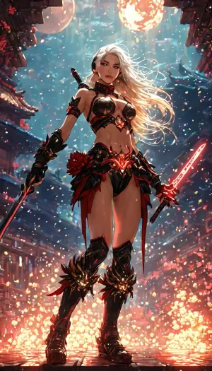 A spectral nude video game warrior woman in an old arcade video game with pixelated yet scandalously sexual graphics. Her silver hair is flowing and her crimson eyes are glowing, as she strides through a fractured dreamscape where reality is a shifting battlefield of forgotten legends and futuristic warfare. Beneath her feet, the ground distorts—one moment a cracked temple floor covered in cherry blossom petals, the next, a holographic grid buzzing with neon circuitry.

The world around her is a beautiful contradiction of timelines colliding. Towering mechs adorned with ancient war banners clash against spectral warriors wielding energy katanas. A colossal dragon, its body made of molten gold and flickering data streams, coils around a shattered moon that drifts lazily through the sky, its craters teeming with ethereal spirits. In the distance, a massive Shogun fortress rises and falls like a mirage, its architecture warping between feudal-era stone walls and sleek, chrome towers pulsing with artificial intelligence.

Chaos reigns in every direction. Cybernetic ronin duel in zero gravity above an endless void of floating torii gates, their blades slicing through time itself, leaving behind rippling echoes of the past. A masked gunslinger in a straw hat spins twin revolvers that fire black holes instead of bullets, each shot bending space before detonating into a kaleidoscope of starlight. Gigantic koi fish with glowing eyes swim through the air, their scales reflecting forgotten histories and possible futures, while beneath them, armies of robotic samurai march in perfect unison toward a battlefield that has yet to exist.

Above it all, the sky is a shattered mirror of dimensions bleeding together—fragments of ancient scrolls flutter through the void, interwoven with scrolling lines of alien code and floating red sun discs that flicker between dawn and dusk. Glowing kanji symbols hover in midair, shifting unpredictably between prophecy and command prompts, whispering forgotten truths to those who dare to listen.

At the world’s core, a throne of broken swords and luminous data streams sits empty, waiting. A figure wrapped in shifting shadows looms before it, gripping a massive, glitched-out katana that hums with unstable energy. As the warrior woman exhales, the battlefield stills—the combatants frozen mid-strike, the winds caught in an eerie pause, the universe itself waiting for her next move. Then, with the sharp ring of a blade unsheathing, time surges forward again, and the endless, beautiful war resumes., (pixelated video game visuals:1.99)