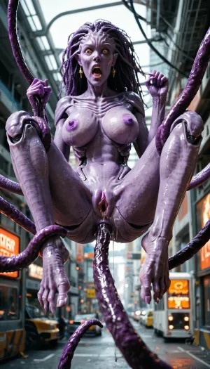 full body view, high resolution, best quality, very detailed, detailed faces, detailed bodies, detailed background, purple, (beautiful busty alien), fucked by a robot with thick metal tentacles, alien planet, city, alien technology, (alien pussy dripping liters of purple alien pussy juice), Tentacles tie hands and feet, spread, lifted into the air, (anal penetration), (screaming:1.3)