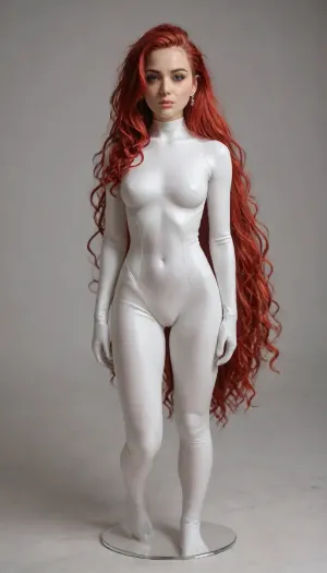 masterpiece, best quality, highly detailed, 4k, highly detailed face, body view, PVC figure, (white bodysuit), undercut, very very very long hair, red hair, PVC, figure, <lora:pvc_figure_sdxl:.5>