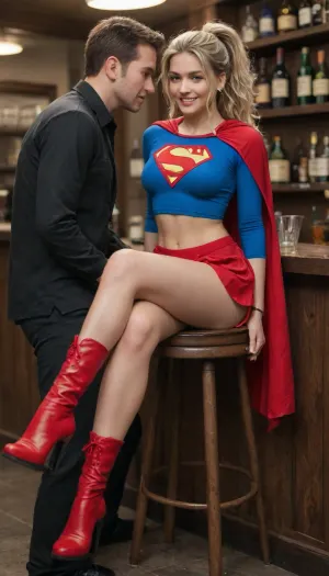 A gorgeous girl at a nightclub, thin, tanned skin, blonde hair with ponytail, messy fringe, 22 years old, she is wearing iconic supergirl outfit with dark blue long sleeve tight shirt with supergirl symbol, woman wearing red cape and red skirt, woman skirt covers part of her legs exposed, woman wearing knee height red boots, perfect medium tits, smiling, pink lips, ((sitting on man's lap in bar stool, crossed legs)), man caressing woman legs