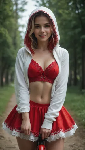 score_9, score_8_up, score_7_up, score_6_up, score_5_up, score_4_up, digital art, realistic, ((little red riding hood iconic outfit with a white sexy sports tiny lace small hoodie and bright red flowing small lace skirt)), sexy smile, dark hair with blonde highlights, messy fringe, posing sexy to viewer, wide hips, medium perfect tits and medium perfect ass and hips, skirtlift, in the wooods
