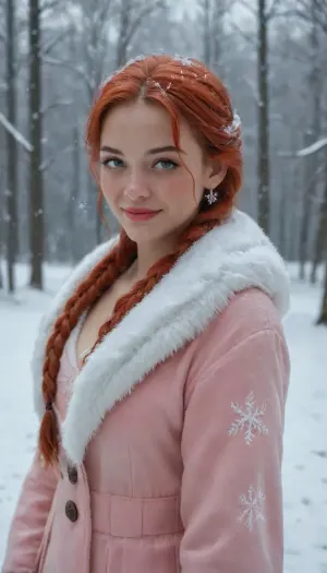 A gorgeous girl, thin, white skin, red hair, frackles, wave hair with ponytail & braids, 22 years old, anna, standing in a snowy forest, she is wearing black and red fur dress, perfect medium tits, smiling, pink lips, (((snow, ice, snowing, snowflakes, in, on, head, shoulders, upper, body))), royal man prince with hard cock, man prince wearing fur clothes, handsome prince, ((full body))