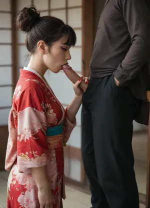 adult transgender, one person only, no blow job, shemale, dickgirl, japanese, tight close-up kimono, (partly covered penis:1.2), (bulge through kimono:1.3), semi-erected penis under kimono, medium sized semi-flaccid penis, hanging cock, precum dripping, blowjob giver pov, detailed scotrum and penis visible, penis peeks out from under kimono, no skirt, no panties, tattoo, stunning beautiful face, sexy makeup, red lipstick, red fingernails, bun hairstyle, black hair, perfect rounded apple sized sexy ass, perfect hourglass figure, narrow waist, detailed japanese teehouse background, tee cerenomy equipment in background, frontside view, full body shot, (perfect fingers:1.3), realistic photo