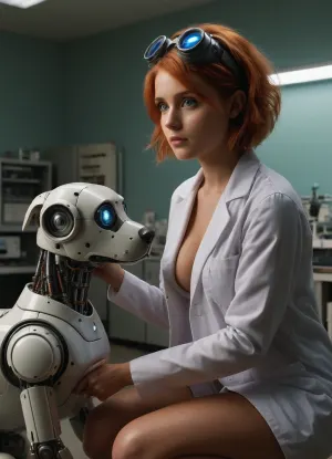 score_9, score_8, 1girl, breasts, nipples, 1robotic_dog, goggles, goggles_on_head, solo, blue_eyes, concentrated, lab_coat, tanlines, laboratory, science_lab, robotics_lab, robotic_dog, large_breasts, tan, blush, orange_hair, short_hair, belt, brown_hair, shirt, mole, squatting, robot, ais-rbts, <lora:ais-rbts-sdxl:.5>