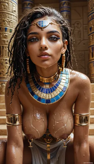 18 years old female, sexy pharaoh outfit, big round tits on display, wet body, hanging gold nipple jewelry