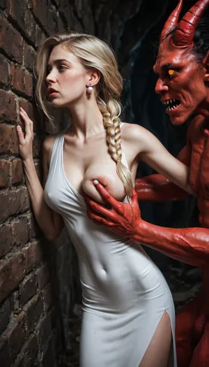 ((An insanely hot very busty innocent-looking blonde housewife standing against the wall in a dark slimy eerie cave)), ((very large saggy perky breasts)), blonde braided hair, pearl earrings, ((extremely skinny)), very tight white casual summer dress, one breast falling out, cleavage, ((red demon monster is violently covering her mouth+groping her exposed breast+pinning her against the wall)), ((extremely sad facial expression)), ((panicking)), (looking at man with fear+annoyance), perfect hands, perfect fingers, perfect anatomy, realistic skin, skin pores freckles moles blemishes wrinkles, cinematic masterpiece