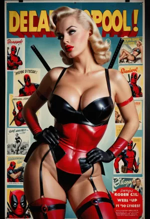 Pov photo, sexy busty Instagram model face, bimbo, wet sweaty body, big text on poster, ((rubber tight bat girl underwear)), (((old american porn movie poster pin up 1950's of deadpool-girl))), (((Pin up.b&w. Movie poster 1950's))), fat red lips, Photography, photorealism, a beautiful bat-woman, tall, beautiful perfect figure, Knee-high boots, stockings, perfect tall legs, charming eyes, sad yet gracious face, dark background, fantasy art capturing the style of Aaron Horkey, Jeremy Mann and Luis Royo, body-focused composition from a low angle, alluring figure, dark fantasy, dynamic composition, black white photo 1950's, red lipstick, warm hues, showcases acrylic calligraphy, watercolor techniques integrated seamlessly into a maximalist masterpiece, detailed with gouache fluidity, golden hour light, hyperrealism, hypperrealistic, hyperdetailed, 64k, ultraHDR, Movie, Poster, page, bmbplora, <lora:Movie Poster:.5>, <lora:bimboxl_02:.5>