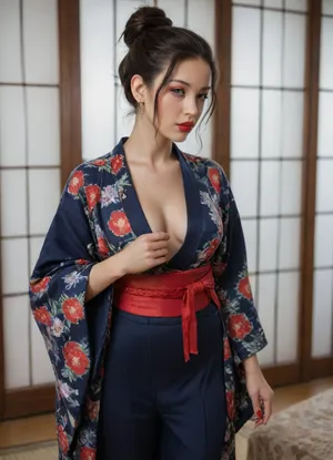 adult transgender, one person only, no blow job, shemale, dickgirl, japanese, tight close-up kimono, (partly covered penis:1.2), (bulge through kimono:1.3), semi-erected penis under kimono, medium sized semi-flaccid penis, hanging cock, precum dripping, blowjob giver pov, detailed scotrum and penis visible, penis peeks out from under kimono, no skirt, no panties, tattoo, stunning beautiful face, sexy makeup, red lipstick, red fingernails, bun hairstyle, black hair, perfect rounded apple sized sexy ass, perfect hourglass figure, narrow waist, detailed japanese teehouse background, tee cerenomy equipment in background, frontside view, full body shot, (perfect fingers:1.3), realistic photo