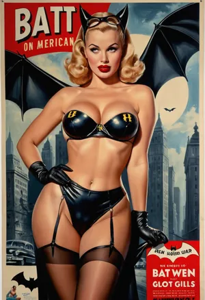 Pov photo, sexy busty Instagram model face, bimbo, wet sweaty body, big text on poster, ((rubber tight bat girl underwear)), (((old american porn movie poster pin up 1950's of bat-girl))), (((Pin up.b&w. Movie poster 1950's))), fat red lips, Photography, photorealism, a beautiful bat-woman, tall, beautiful perfect figure, Knee-high boots, stockings, perfect tall legs, charming eyes, sad yet gracious face, dark background, fantasy art capturing the style of Aaron Horkey, Jeremy Mann and Luis Royo, body-focused composition from a low angle, alluring figure, dark fantasy, dynamic composition, black white photo 1950's, red lipstick, warm hues, showcases acrylic calligraphy, watercolor techniques integrated seamlessly into a maximalist masterpiece, detailed with gouache fluidity, golden hour light, hyperrealism, hypperrealistic, hyperdetailed, 64k, ultraHDR, Movie, Poster, page, bmbplora, <lora:Movie Poster:.5>, <lora:bimboxl_02:.6>