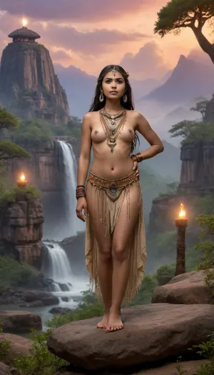 young futanari nude, shemale, small penis, around 18 years old full nude, nude with elaborate indigenous attire with intricate beadwork, fringes, and jewelry. She stands in a vibrant, lush landscape at sunset, surrounded by towering baobab trees, rugged mountains, and cascading waterfalls. The sky is adorned with dancing auroras, adding a magical, ethereal quality, while a light rain and dense fog create a mystical atmosphere. Ancient Vedic stone temples are visible in the background, contributing historical and spiritual depth. Various animals, like an otter, are present, emphasizing a harmonious connection with nature. Bright stars illuminate the sky, enhancing the serene and mystical beauty of the scene.