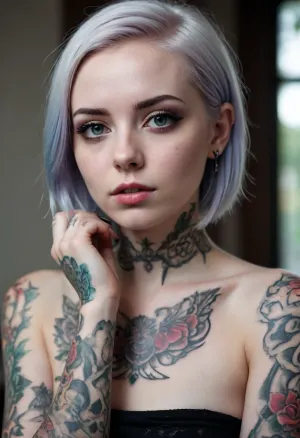 Emo girl, pale white skin, ink tattoos