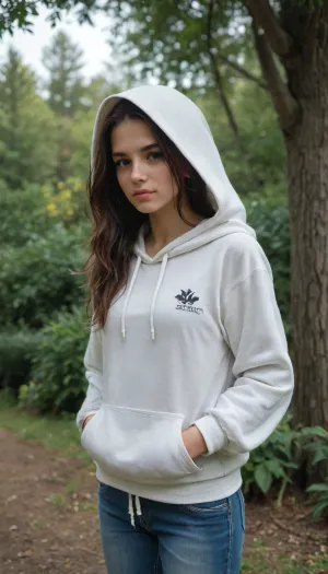 Stable_Yogis_PDXL_Positives 1girl, solo, long hair, brown hair, black hair, long sleeves, closed mouth, standing, outdoors, cowboy shot, pants, hood, tree, hoodie, animal, hood down, plant, denim, jeans, blue pants, hands in pockets, drawstring, on head, covered eyes, animal on head, white hoodie