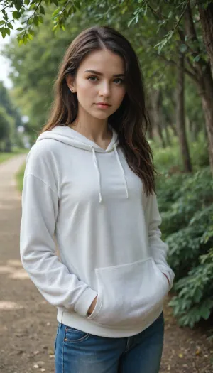 Stable_Yogis_PDXL_Positives 1girl, solo, long hair, brown hair, black hair, long sleeves, closed mouth, standing, outdoors, cowboy shot, pants, hood, tree, hoodie, hood down, plant, denim, jeans, blue pants, hands in pockets, drawstring, on head, covered eyes, white hoodie