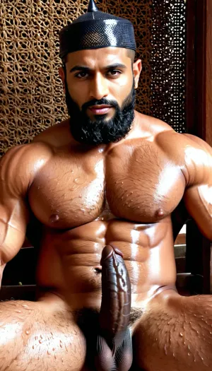 ('Afzal Khan', Very ruggedly handsome Big Muscular Indian Muslim bodybuilder getting sexually aroused sitting in the Mughal Court), ((large circumcised black dick, Big black cock, Thick and Curvy Penis)), (Handsome and Hot Muslim hunk with long beard), dark and rough Muslim men, 40 year old, Muslim, tall muscled Arab Indian dark male, rough, dominant, daddy, (hairy Chest, hairy armpits, wet sweaty face), bodybuilder, perfect fingers, oily Sweaty body, dilf, Big seductive eyes, Wet body, rain drops, ultra sharp high definition details, pubic hair, professional photography, insanely detailed, RAW photo, HDR, hyper-realistic, cinematic lighting, photo realism, ((Married Muslim Man wears white Mesh Muslim prayer Cap, wet from sweat, Muslim locket)), lustful eyes, menacing attitude, softlight, dark illumination, penis, Big, cock, <lora:xpenis-1.5e:.5>, <lora:pein:.5>