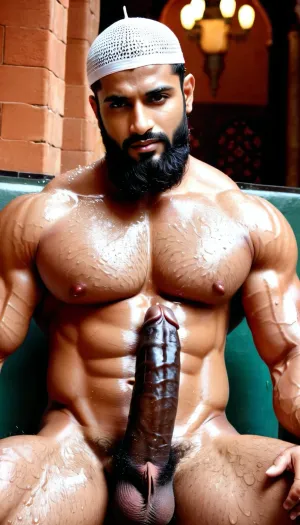 ('Afzal Khan', Very ruggedly handsome Big Muscular Indian Muslim bodybuilder getting sexually aroused sitting in the Mughal Court), ((large circumcised black dick, Big black cock, Thick and Curvy Penis)), (Handsome and Hot Muslim hunk with long beard), dark and rough Muslim men, 40 year old, Muslim, tall muscled Arab Indian dark male, rough, dominant, daddy, (hairy Chest, hairy armpits, wet face), bodybuilder, perfect fingers, oily Sweaty body, dilf, Big seductive eyes, Wet body, rain drops, ultra sharp high definition details, pubic hair, professional photography, insanely detailed, RAW photo, HDR, hyper-realistic, cinematic lighting, photo realism, ((Married Muslim Man wears white Mesh Muslim prayer Cap, wet from sweat, Muslim locket)), lustful eyes, menacing attitude, softlight, dark illumination, penis, Big, cock, <lora:xpenis-1.5e:.5>, <lora:pein:.5>