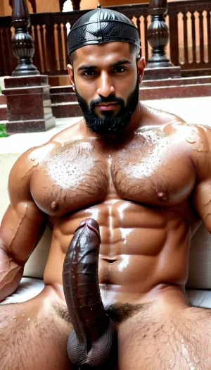 ('Afzal Khan', Very ruggedly handsome Big Muscular Indian Muslim bodybuilder getting sexually aroused sitting in the Mughal Court), ((large circumcised black dick, Big black cock, Thick and Curvy Penis)), (Handsome and Hot Muslim hunk with long beard), dark and rough Muslim men, 40 year old, Muslim, tall muscled Arab Indian dark male, rough, dominant, daddy, (hairy Chest, hairy armpits), bodybuilder, perfect fingers, oily Sweaty body, dilf, Big seductive eyes, Wet body, rain drops, ultra sharp high definition details, pubic hair, professional photography, insanely detailed, RAW photo, HDR, hyper-realistic, cinematic lighting, photo realism, ((Married Muslim Man wears white Mesh Muslim prayer Cap, wet from sweat, Muslim locket)), lustful eyes, menacing attitude, softlight, dark illumination, penis, Big, cock, <lora:xpenis-1.5e:.5>, <lora:pein:.5>