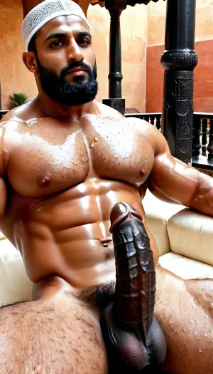 ('Afzal Khan', Very ruggedly handsome Big Muscular Indian Muslim bodybuilder getting sexually aroused sitting in the Mughal Court), ((large circumcised black dick, Big black cock, Thick and Curvy Penis)), (Handsome and Hot Muslim hunk with long beard), dark and rough Muslim men, 40 year old, Muslim, tall muscled Arab Indian dark male, rough, dominant, daddy, (hairy Chest, hairy armpits), bodybuilder, perfect fingers, oily Sweaty body, dilf, Big seductive eyes, Wet body, rain drops, ultra sharp high definition details, pubic hair, professional photography, insanely detailed, RAW photo, HDR, hyper-realistic, cinematic lighting, photo realism, ((Married Muslim Man wears white Mesh Muslim prayer Cap, wet from sweat, Muslim locket)), lustful eyes, menacing attitude, softlight, dark illumination, penis, Big, cock, <lora:xpenis-1.5e:.5>, <lora:pein:.5>