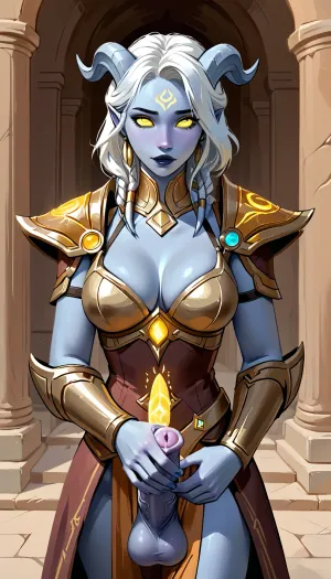 Wow, draenei, futanari, masturbated futacock, horse massive cock, beautiful shedrn, horns, medium breast, armor, cleavage, glowing yellow eyes, white hair, braid, blue skin, facial mark, seductive pose, RAR, <lora:RAR 0.4v:.5>, <lora:209970_training_data:.8>, <lora:Animated_Concept:1.1>