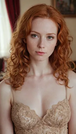 She is a Young milf.
30 years old, Ginger, Long curly Redhead hair, Very pale skin, Skinny girl, She is in the living room
She is Small breasts
She is totally clothes