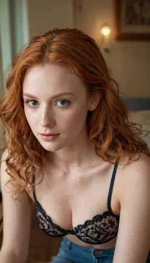 She is a Young milf.
30 years old, Ginger, Long curly Redhead hair, Very pale skin, Skinny girl, Angel face, She is in the living room
She is Small breasts
She is totally clothes
Tight jeans
Classique Push-up bra