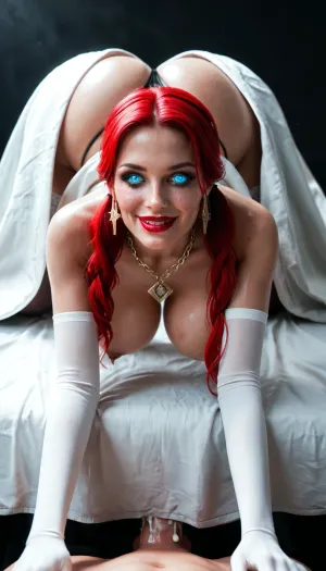 1 woman, bimbo, (body woman under long covers:1.5), ritual hall Pink smoke, glow from behind, long red hair, pigtails, blue eyes, freckles on her face, beautiful face, earrings, pendant chain, woman horny, rich glossy red lipstick, bit her lip, best detailed, high resolution, shiny skin, thin, large boobs, (bimbo:1.3), lustful smile, evil look, round breasts, very wide hips, one breast bare, stockings, long gloves, (long dress:1.3), thong panties, (Laying up on a man), (On all fours), Legs spread, hugs, ((cowgirl sex)), glowing vagina, look at viewer, narrow waist, clear vaginal fluid, (horror), witcher in background, close-up, black lighting, 1 man, skinny body, Cinematic light, rear view, best quality, high detailed, high, heels, sexy, heel, 25, cm, boots, <lora:398313_training_data:.5>