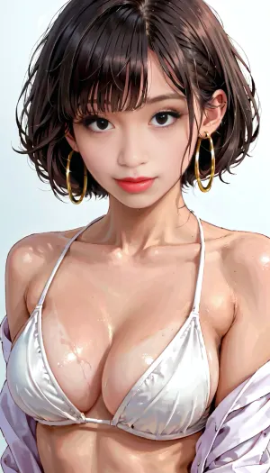 Professional photo of a Beautiful Korean futanari kpop idol shemale Woman, beautiful eyes, (brown, black, dark eyes), simple nostalgic, nice spring afternoon lighting, sexy bikini, close portrait, perfect hair, perfect skin, tanned skin, skin pores, perfect eyes, perfect face, perfect red lips, perfect eye liner, hoop earrings, black hair, bobcut hairstyle, bobcut, bangs, big hoop earrings, (professional iphone photo), ultra realistic, highly detailed, ultra high resolution, 8K, hdr, masterpiece, <lora:Korean_Photo_Studio_Style_XL:.7>, <lora:xl_more_art-full_v1:.5>, <lora:add-detail-xl:.5>, <lora:209970_training_data:.9>