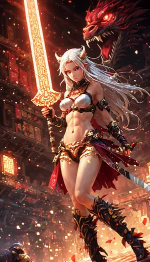 A spectral nude video game warrior woman in an old arcade video game with pixelated yet scandalously sexual graphics. Her silver hair is flowing and her crimson eyes are glowing, as she strides through a fractured dreamscape where reality is a shifting battlefield of forgotten legends and futuristic warfare. Beneath her feet, the ground distorts—one moment a cracked temple floor covered in cherry blossom petals, the next, a holographic grid buzzing with neon circuitry.

The world around her is a beautiful contradiction of timelines colliding. Towering mechs adorned with ancient war banners clash against spectral warriors wielding energy katanas. A colossal dragon, its body made of molten gold and flickering data streams, coils around a shattered moon that drifts lazily through the sky, its craters teeming with ethereal spirits. In the distance, a massive Shogun fortress rises and falls like a mirage, its architecture warping between feudal-era stone walls and sleek, chrome towers pulsing with artificial intelligence.

Chaos reigns in every direction. Cybernetic ronin duel in zero gravity above an endless void of floating torii gates, their blades slicing through time itself, leaving behind rippling echoes of the past. A masked gunslinger in a straw hat spins twin revolvers that fire black holes instead of bullets, each shot bending space before detonating into a kaleidoscope of starlight. Gigantic koi fish with glowing eyes swim through the air, their scales reflecting forgotten histories and possible futures, while beneath them, armies of robotic samurai march in perfect unison toward a battlefield that has yet to exist.

Above it all, the sky is a shattered mirror of dimensions bleeding together—fragments of ancient scrolls flutter through the void, interwoven with scrolling lines of alien code and floating red sun discs that flicker between dawn and dusk. Glowing kanji symbols hover in midair, shifting unpredictably between prophecy and command prompts, whispering forgotten truths to those who dare to listen.

At the world’s core, a throne of broken swords and luminous data streams sits empty, waiting. A figure wrapped in shifting shadows looms before it, gripping a massive, glitched-out katana that hums with unstable energy. As the warrior woman exhales, the battlefield stills—the combatants frozen mid-strike, the winds caught in an eerie pause, the universe itself waiting for her next move. Then, with the sharp ring of a blade unsheathing, time surges forward again, and the endless, beautiful war resumes., (pixelated video game visuals:1.98)