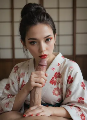 adult transgender, one person only, no blow job, shemale, dickgirl, japanese, tight close-up kimono, (partly covered penis:1.2), (bulge through kimono:1.3), semi-erected penis under kimono, medium sized semi-flaccid penis, hanging cock, precum dripping, blowjob giver pov, detailed scotrum and penis visible, penis peeks out from under kimono, no skirt, no panties, tattoo, stunning beautiful face, sexy makeup, red lipstick, red fingernails, bun hairstyle, black hair, perfect rounded apple sized sexy ass, perfect hourglass figure, narrow waist, detailed japanese teehouse background, tee cerenomy equipment in background, frontside view, full body shot, (perfect fingers:1.3), realistic photo