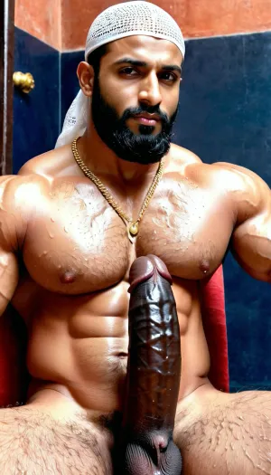 ('Afzal Khan', Very ruggedly handsome Big Muscular Indian Muslim bodybuilder getting sexually aroused sitting in the Mughal Court), ((large circumcised black dick, Big black cock, Thick and Curvy Penis)), (Handsome and Hot Muslim hunk with long beard), dark and rough Muslim men, 40 year old, Muslim, tall muscled Arab Indian dark male, rough, dominant, daddy, (hairy Chest, hairy armpits, sweaty face), bodybuilder, perfect fingers, oily Sweaty body, dilf, Big seductive eyes, Wet body, rain drops, ultra sharp high definition details, pubic hair, professional photography, insanely detailed, RAW photo, HDR, hyper-realistic, cinematic lighting, photo realism, ((Married Muslim Man wears white Mesh Muslim prayer Cap, wet from sweat, Muslim locket)), lustful eyes, menacing attitude, softlight, dark illumination, penis, Big, cock, <lora:xpenis-1.5e:.5>, <lora:pein:.5>