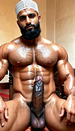 ('Afzal Khan', Very ruggedly handsome Big Muscular Indian Muslim bodybuilder getting sexually aroused sitting in the Mughal Court), ((large circumcised black dick, Big black cock, Thick and Curvy Penis)), (Handsome and Hot Muslim hunk with long beard), dark and rough Muslim men, 40 year old, Muslim, tall muscled Arab Indian dark male, rough, dominant, daddy, (hairy Chest, hairy armpits), bodybuilder, perfect fingers, oily Sweaty body, dilf, Big seductive eyes, Wet body, rain drops, ultra sharp high definition details, pubic hair, professional photography, insanely detailed, RAW photo, HDR, hyper-realistic, cinematic lighting, photo realism, ((Married Muslim Man wears white Mesh Muslim prayer Cap, wet from sweat, Muslim locket)), lustful eyes, menacing attitude, softlight, dark illumination, penis, Big, cock, <lora:xpenis-1.5e:.5>, <lora:pein:.5>