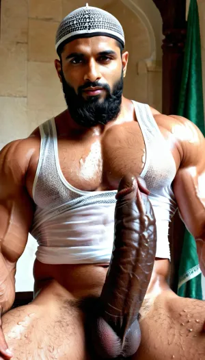 ('Afzal Khan', Very ruggedly handsome Big Muscular Indian Muslim bodybuilder getting sexually aroused sitting in the Mughal Court), ((large circumcised black dick, Big black cock, Thick and Curvy Penis)), (Handsome and Hot Muslim hunk with long beard), dark and rough Muslim men, 40 year old, Muslim, tall muscled Arab Indian dark male, rough, dominant, daddy, (hairy Chest, hairy armpits), bodybuilder, perfect fingers, oily Sweaty body, dilf, Big seductive eyes, Wet body, rain drops, ultra sharp high definition details, pubic hair, professional photography, insanely detailed, RAW photo, HDR, hyper-realistic, cinematic lighting, photo realism, ((Married Muslim Man wears white Mesh Muslim prayer Cap, wet from sweat, Muslim locket)), lustful eyes, menacing attitude, softlight, dark illumination, penis, Big, cock, <lora:xpenis-1.5e:.5>, <lora:pein:.5>
