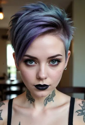 Emo girl, pale white skin, colored ink tattoos, pixie short hairstyle with sidecut. Nose piercing, eyebrow piercing. Long eyelashes. Thick busty lips, blck lipstick.