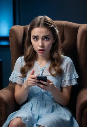 Violation invisible : la réalité d'une fille timide dévoilée dans la brume bleue éclatante de 8k

- Oui.

Dans l'obscurité UHD 8K, une timide chrétienne assise dans un fauteuil, son visage illuminé par la lumière bleue de son smartphone. Son expression était une expression de choc et de dégoût alors qu'elle regardait l'écran, découvrant de profonds défauts d'elle circulant en ligne. Sa bouche était ouverte, ses yeux grands, ses mains parfaites mais tremblant légèrement avec surprise et incrédulité. Les proportions réalistes reflétaient son silence gelé.