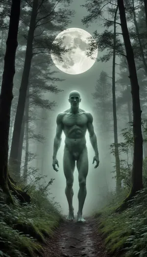 a misty clot shaped like a man, a ghostly glow, pale green, a forest, a dense thicket, a path, clouds, a full moon