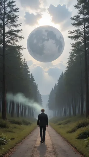 a misty clot shaped like a man, a ghostly glow, pale green, a forest, a dense thicket, a path, clouds, a full moon