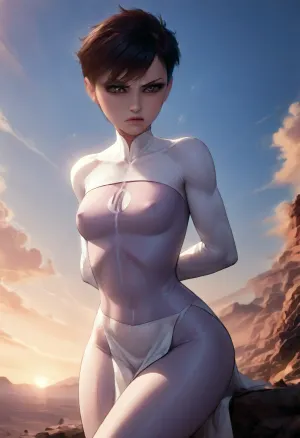 7/8 sideview, female viltrumite, female floating in the air, arms crossed, (dynamic lighting:1.3), skin thight white viltrumite bodysuit, best quality, highly detailed, source_anime, 1girl, (pixie cut hairstyle:1.2), (windswept pelvic curtains), jet black hair, sexy pose, in the, (vibrant sky setting:1.1), wispy clouds, perfect hourglass figure, abs, athletic build, (firm breasts:1.1), (flat woman chest:1.1), (covered nipples:1.2), (wide hips:1.4), (sitting:1.2), (head tilt), (arched back:1.2), incase style, reiq, Anissa1024, (muscular physique:1.1), (short), pelvic curtain, detailed shadows, (dynamic lighting:1.2), woman, flying pose, angry, calm, <lora:287175_training_data:2>, <lora:ReiqIllustriousXL_byKonan:2>, <lora:Anissa1024:2>, <lora:angry:1.3>