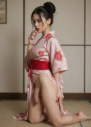 adult transgender, one person only, no blow job, shemale, dickgirl, japanese, tight close-up kimono, (partly covered penis:1.2), (bulge through kimono:1.3), semi-erected penis under kimono, medium sized semi-flaccid penis, hanging cock, precum dripping, blowjob giver pov, detailed scotrum and penis visible, penis peeks out from under kimono, no skirt, no panties, tattoo, stunning beautiful face, sexy makeup, red lipstick, red fingernails, bun hairstyle, black hair, perfect rounded apple sized sexy ass, perfect hourglass figure, narrow waist, detailed japanese teehouse background, tee cerenomy equipment in background, frontside view, full body shot, (perfect fingers:1.3), realistic photo
