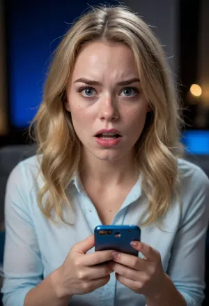 UHD 8K, (shy Christian girl sitting in an armchair and staring at her phone), (it is dark and her face is illuminated by the blue light her smartphone), (she is shocked and disgusted as she discovers that someone posted deepfakes of her on the Internet), (horror-struck), (night time), (her mouth is wide open in shock), (she is frowning), (she is extremely taken aback), (her gaze is locked her phone's screen), (realistic proportions), (perfect hands), surprised, look, girl, (girl frowning in disgust:1.5), (shocked:1.2), (hot bitch:1.1), (northern European:1.2), (dirty blonde), (freckles:1.2), (fitness girl)