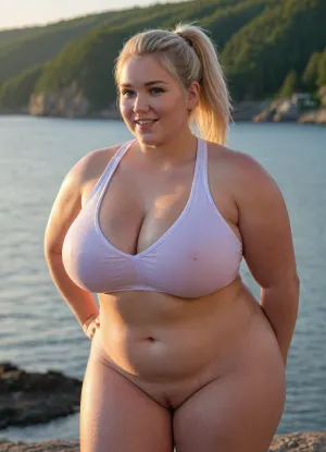 perfect lighting, ultra realistic, 8k resolution, ultra-detailed, plus-size model, professional photography, cute, sweet smile, chubby face, healthy face, wide hips, hourglass body, ((huge bbw)), hiking, smiling, (tight neon nylon t-shirt), thigh gap, beautiful vista, (((heavy bosom))), huge full cleavage, northern european, freckles on face, looking into distance, soft shadows, soft box, platinum blond hair, chubby, playful, realistic face, Sporty ponytail hair style, (sweaty skin:1.3), wet, very wet, 3/4 body, sunset, <lora:shirtliftALORAFor_shirtliftv1:.8>, chest, big, breasts, huge, gigantic, hips, thighs, wide, thick, plump, belly, female, arms, extra, abs, <lora:Venus_Body_Alpha:.3>