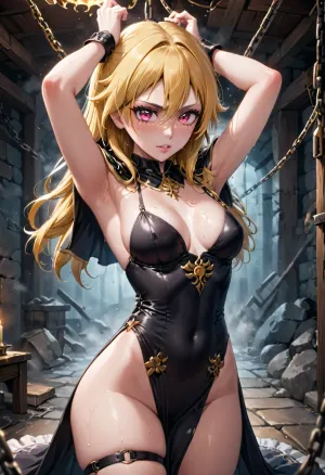 Insanely detailed, UHD, 4k, 26 year old beautiful blonde fit and skinny whore being hung by her arms from the ceiling of a dungeon. Her arms are above her head, being hung by wrist restraints. She has wrist restraints on which are connected to chains from the ceiling. She is being hung in the middle of the dungeon by the chains on the ceiling. The picture is taken with dark lighting with a thematical look. She has long beautiful bleach blonde hair. She is athletic and skinny with a noticeable six pack. Her skin is beautiful and glistening from the sweat on her. She is covered in whip gashes and bruises from being smacked and hit. She has multiple major wounds from battle. There is a layer of sweat covering her body. Her hair is messy and is wet and moist from fighting. Her underwear is pink. She is wearing a bra made up of leather. The bra covers her breasts. She is wearing a shoulder guard with red cloth hanging from it like a short cape. The wrist retraints that she is hanging from are made of metal and are tight around her wrists. Her arms have visible strain from being hung by them for so long. She has a beautiful face with a seductive look in it. Thin waist, small waist, small thighs, small breasts, Front view, princess