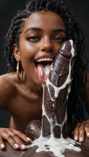 close-up, naked black african woman, very dark skin, eyes wide open, enjoying, faint smile on her face, sucking big 25 inch black penis, penis lying on her tongue, no lipstick, very long smooth black hair, tongue sticking out of her mouth, (excessive cum on tongue), cum dripping from her tongue, projectile cum, man is wearing a black qos-thong, huge testicles, dark room, black background.