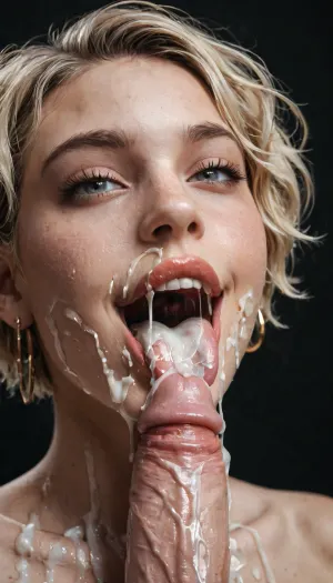 close-up, horny naked white woman, very pale skin, eyes wide open, enjoying, faint smile on her face, sucking huge 25 inch white penis, penis lying on her tongue, wearing black qos-thong lipstick, very short blonde bobcut hair, tongue sticking out of her mouth, (excessive cum on tongue), cum dripping from her tongue, projectile cum, dark room, black background.