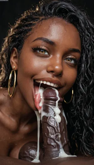 close-up, naked black african woman, very dark skin, eyes wide open, enjoying, faint smile on her face, sucking big 25 inch black penis, penis lying on her tongue, no lipstick, very long smooth black hair, tongue sticking out of her mouth, (excessive cum on tongue), cum dripping from her tongue, projectile cum, man is wearing a black qos-thong, huge testicles, dark room, black background.
