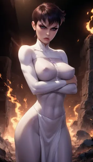 (big lips:1.1), standing, female viltrumite, arms crossed, (dynamic lighting:1.3), skin thight white viltrumite bodysuit, best quality, highly detailed, source_anime, 1girl, (dark eyeshadow:.85), (dark eyeliner:.85), (pixie cut hairstyle:1.2), (windswept pelvic curtains), jet black hair, sexy pose, in the, (vibrant sky setting:1.1), wispy clouds, perfect hourglass figure, abs, athletic build, (firm breasts:1.1), (flat woman chest:.35), (covered nipples:1.2), (wide hips:1.4), (head tilt), (arched back:1.2), incase style, reiq, Anissa1024, (angry facial expression:1.2), (muscular physique:1.2), (short), pelvic curtain, detailed shadows, (dynamic lighting:1.2), woman, angry, <lora:287175_training_data:2>, <lora:ReiqIllustriousXL_byKonan:2>, <lora:Anissa1024:2>, <lora:angry:1.2>