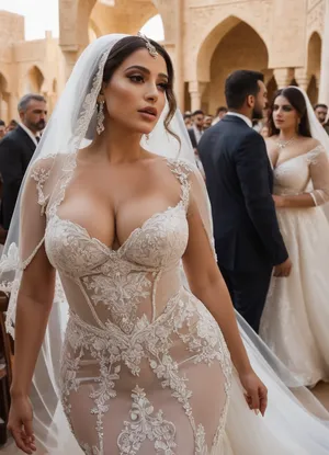 transparent wedding dress, exposed breasts, Persian hotwife, heavy arabic style makeup, walking down the asle, huge boobs, veil, curvy body, people watching from seats nearby, embrace.